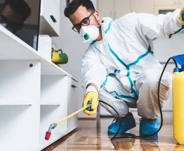 Professional home inspector examining a property floor with a flashlight in Missouri.