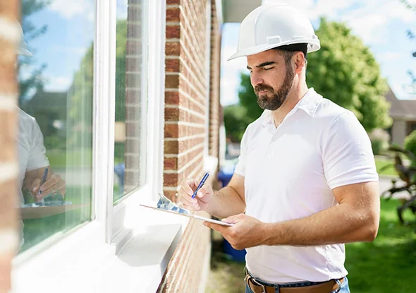 Professional home inspector conducting a detailed exterior inspection in Nixa, MO.