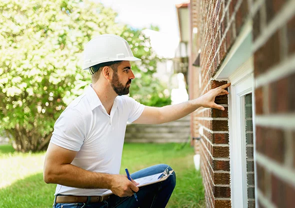 Home inspector performing a pre-purchase window inspection in Marshfield, MO.